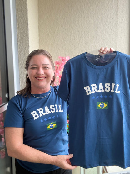 Camiseta Feminina Brasil Azul 100% Algodão Conforto Premium