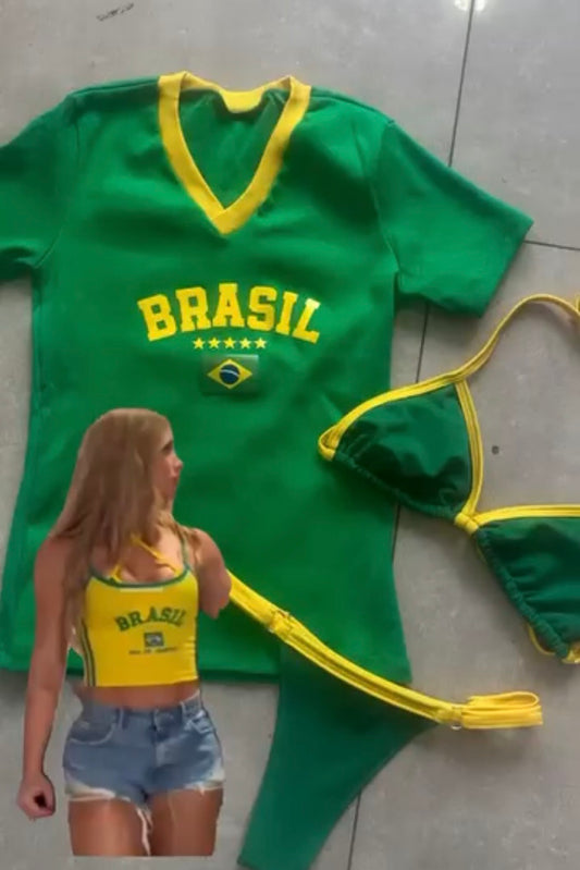 Conjunto Cropped + Biquíni Feminino Moda Verão 2026 Estilo Virginia Praia Piscina Tendência