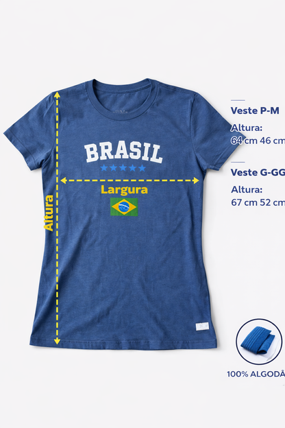Camiseta Feminina Brasil Azul 100% Algodão Conforto Premium