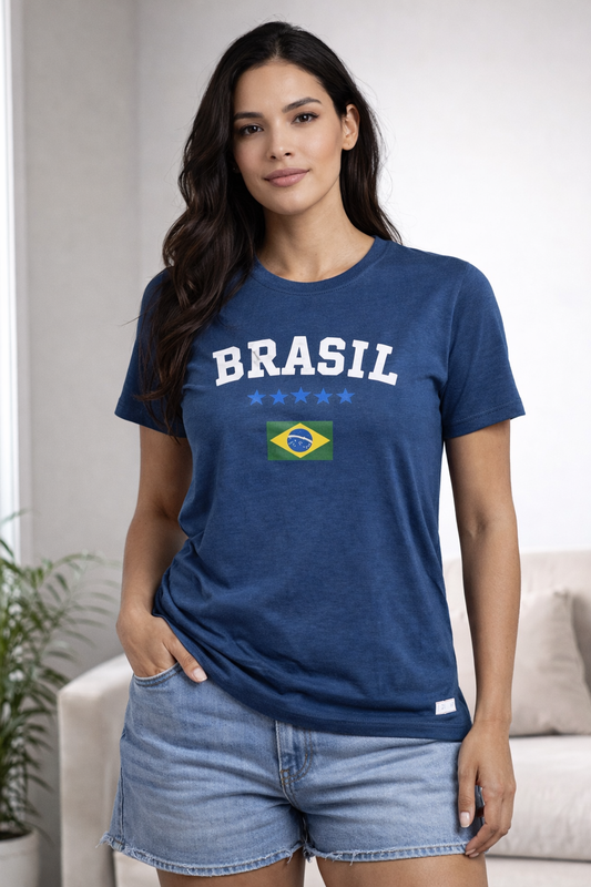 Camiseta Feminina Brasil Azul 100% Algodão Conforto Premium